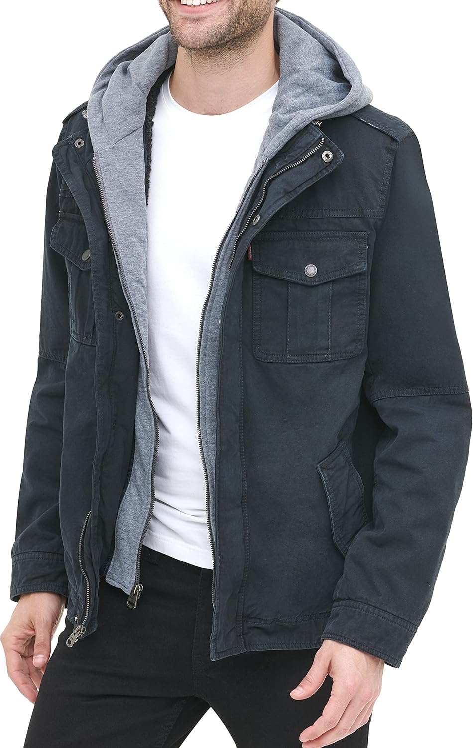 Мужская военная куртка Levi's из стираного хлопка с капюшоном (стандартные размеры, большие и высокие), Navy/Sherpa Lined — фото 4