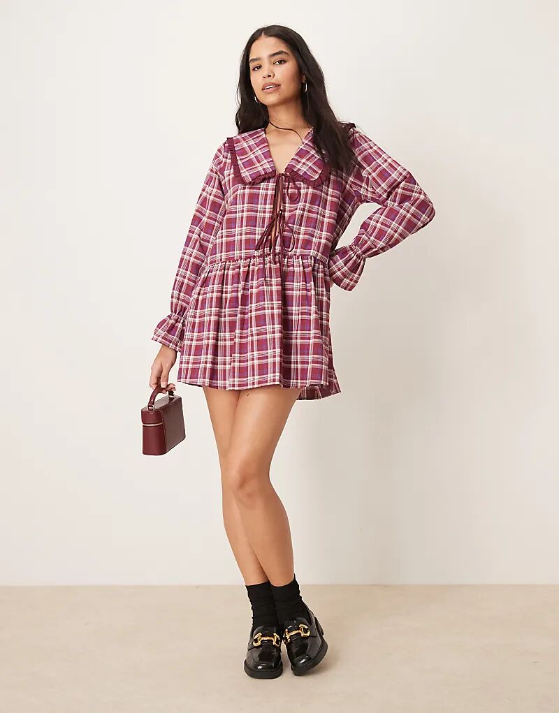 

Мини-платье с завязками спереди в бордовую клетку ASOS DESIGN