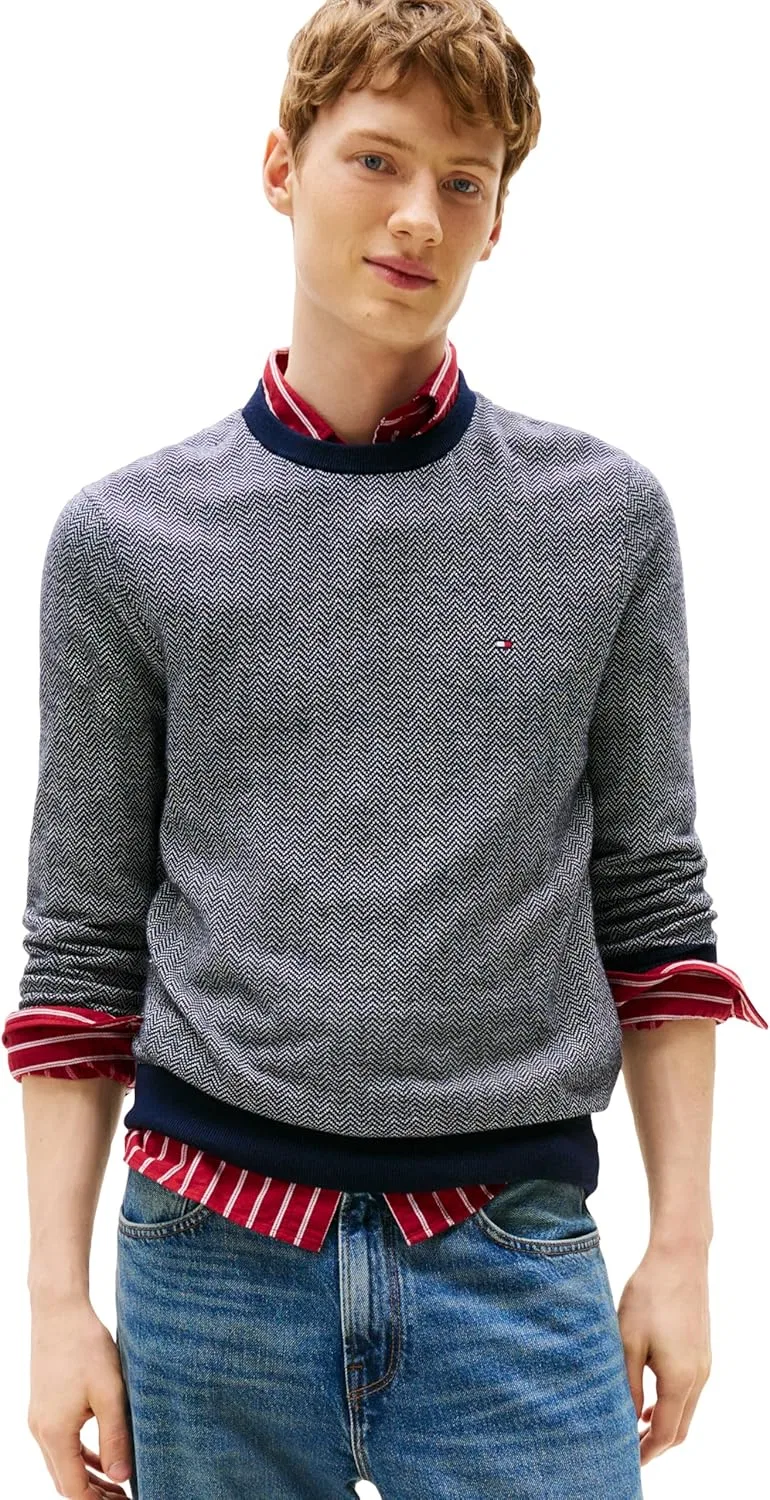Свитер Tommy Hilfiger мужской из хлопка и кашемира с узором "елочка", слоновая кость