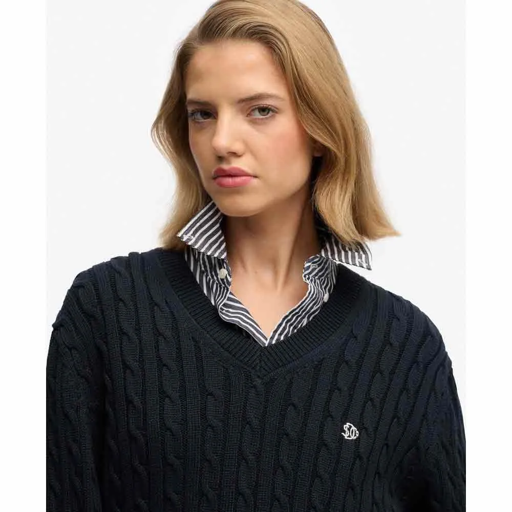 Свитер Superdry Oversized Cable с V-образным вырезом и косами, синий — фото 4