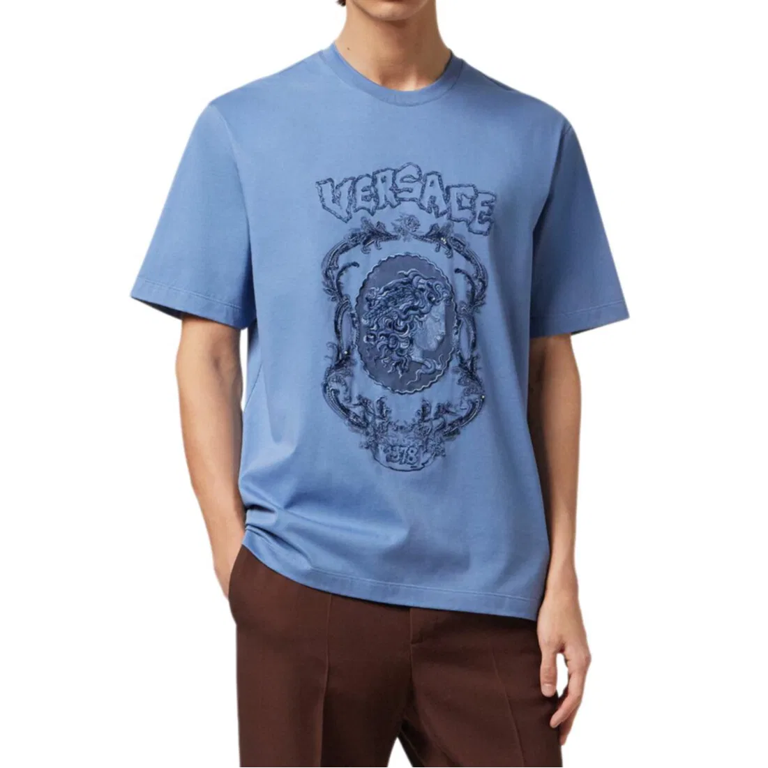 Футболка с вышивкой VERSACE Light Blue — фото 3