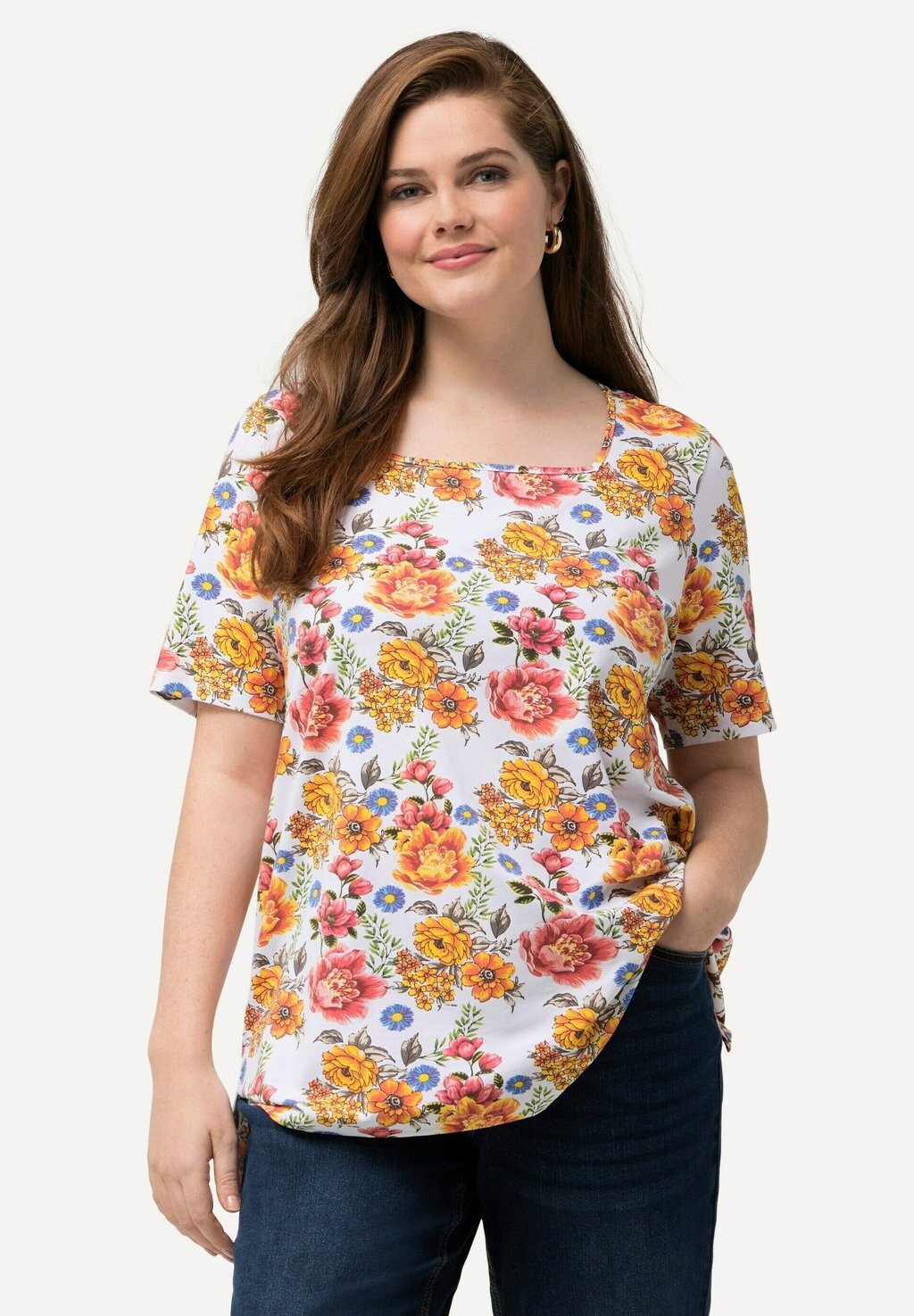 

Футболка с принтом SQUARE NECK SHORT SLEEVE FLORAL Ulla Popken, белый