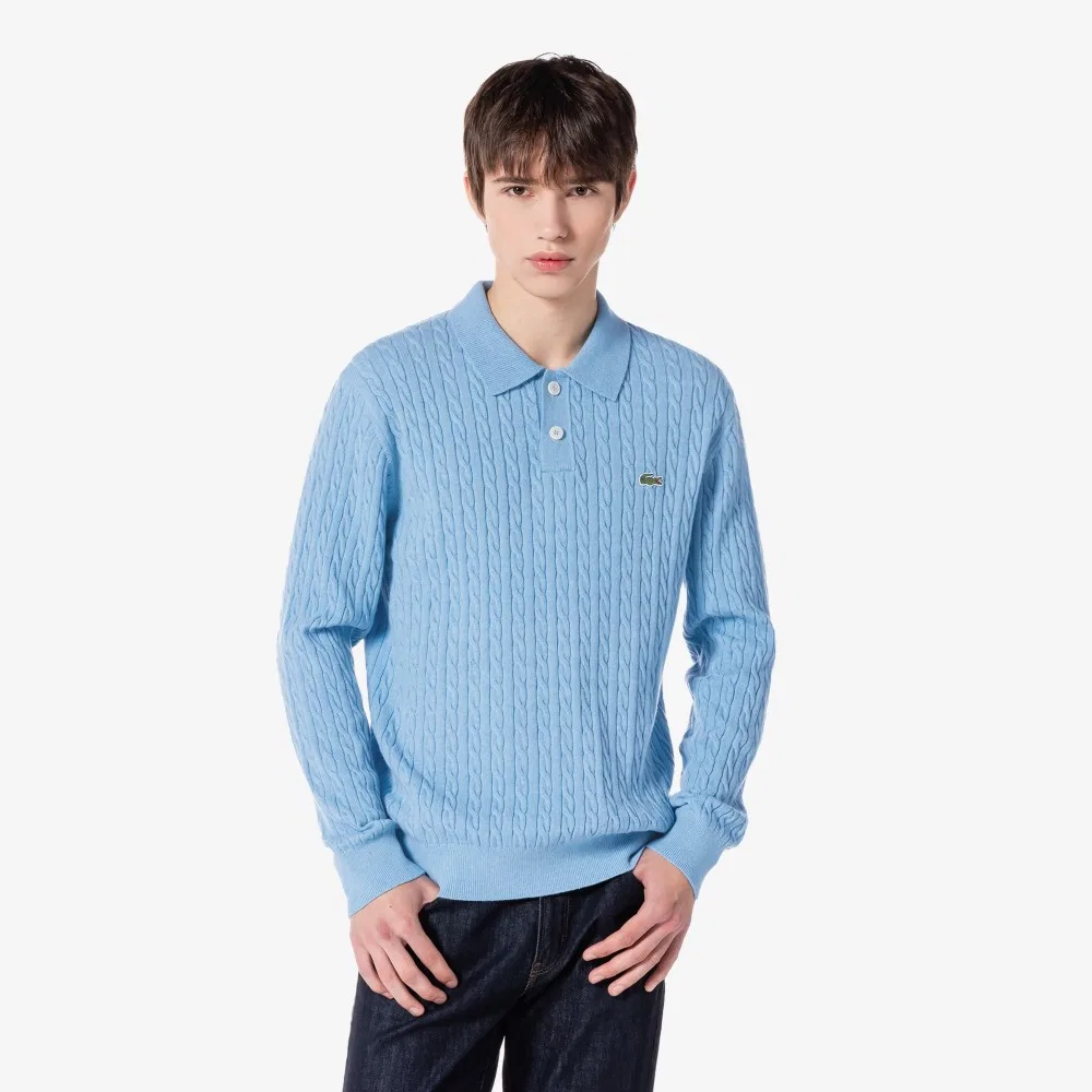 Мужской вязаный джемпер поло с косами синий от Lacoste