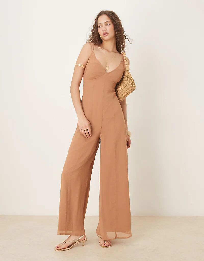 

Комбинезон ASOS DESIGN с V-образным вырезом и прозрачными вставками цвета мокко