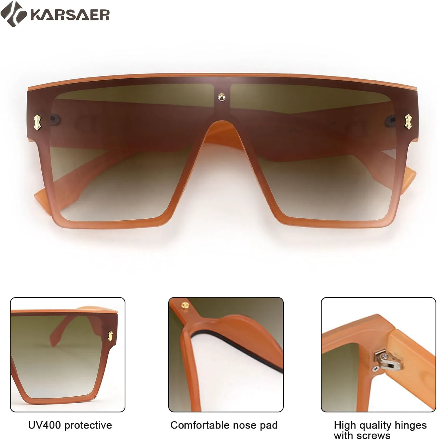 

Солнцезащитные очки Karsaer Chic Oversized Square для женщин и мужчин, цельные, с плоской верхней частью, большие, унисекс, K7110, Matte Orange/Gradient Brown Lens
