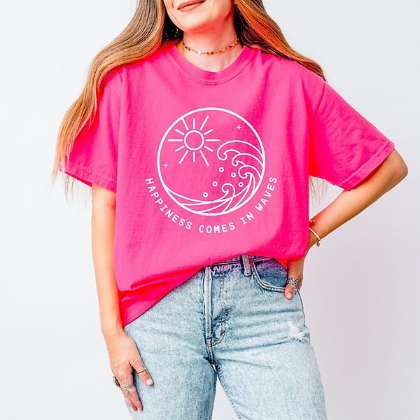 

Футболка Happiness comes in waves circle garment dyed Simply Sage Market, Neon Pink