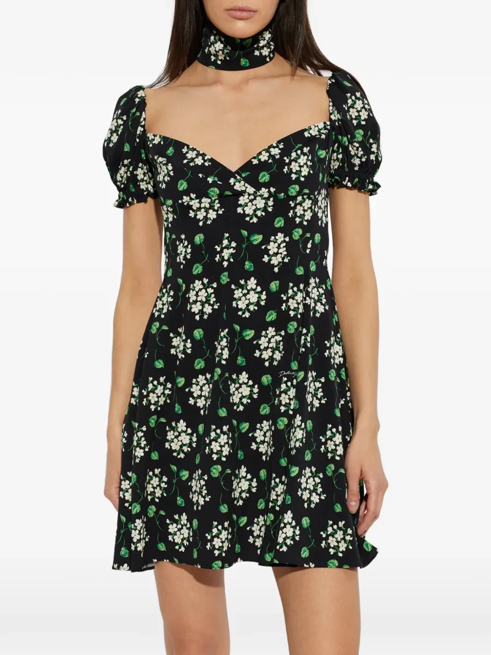 Мини-платье с пышными рукавами и цветочным принтом Dolce & Gabbana, черный — фото 3
