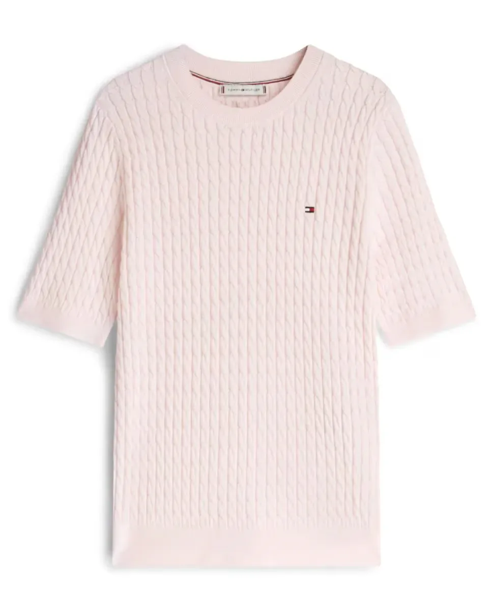 Вязаный женский джемпер с короткими рукавами и арановым узором Tommy Hilfiger, светло-розовый