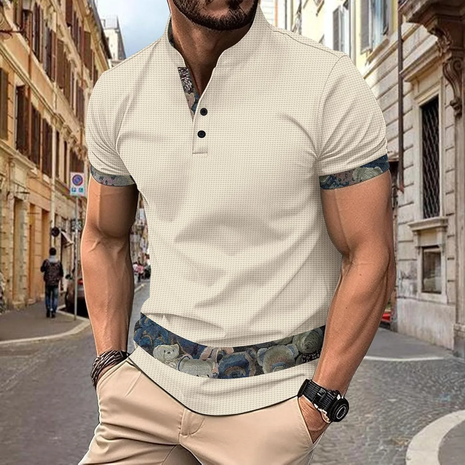 Футболка мужская с коротким рукавом, Vintage Floral, Stand Collar Henley Pullover, Regular Fit, Moisture Wicking — фото 2