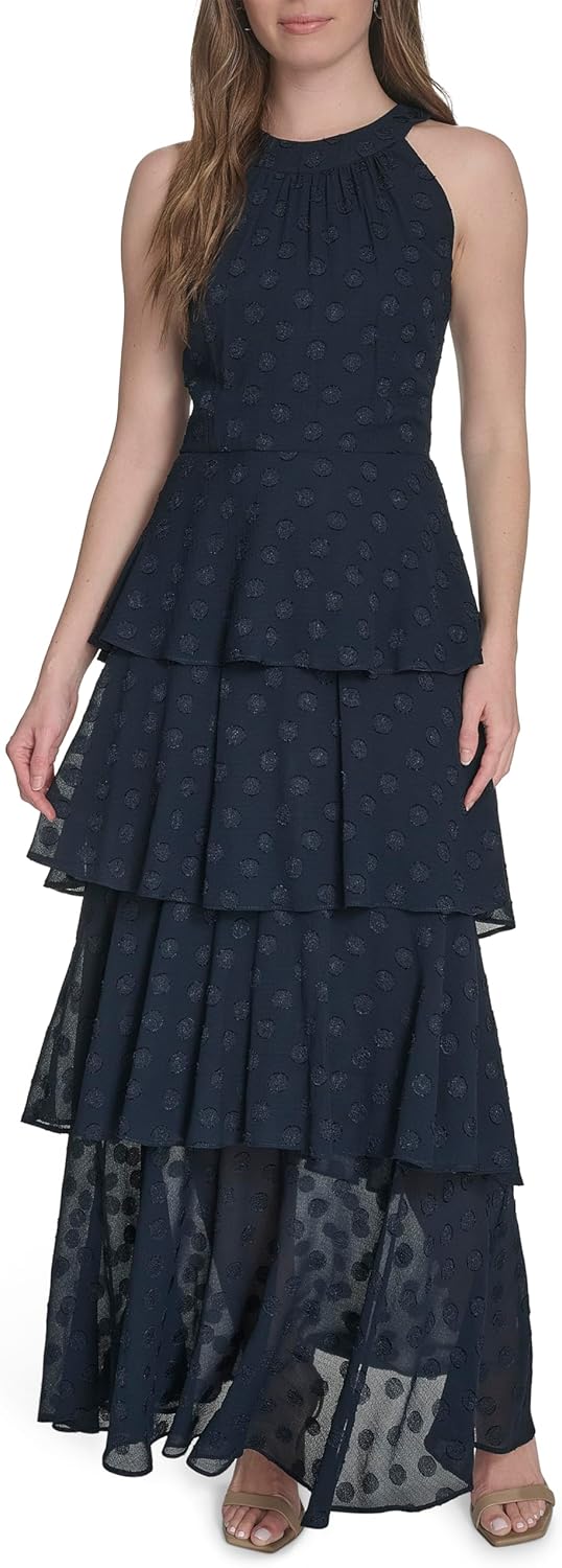 

Женское платье макси без рукавов с халтер-воротом от Tommy Hilfiger, многоуровневое, Sky Captain