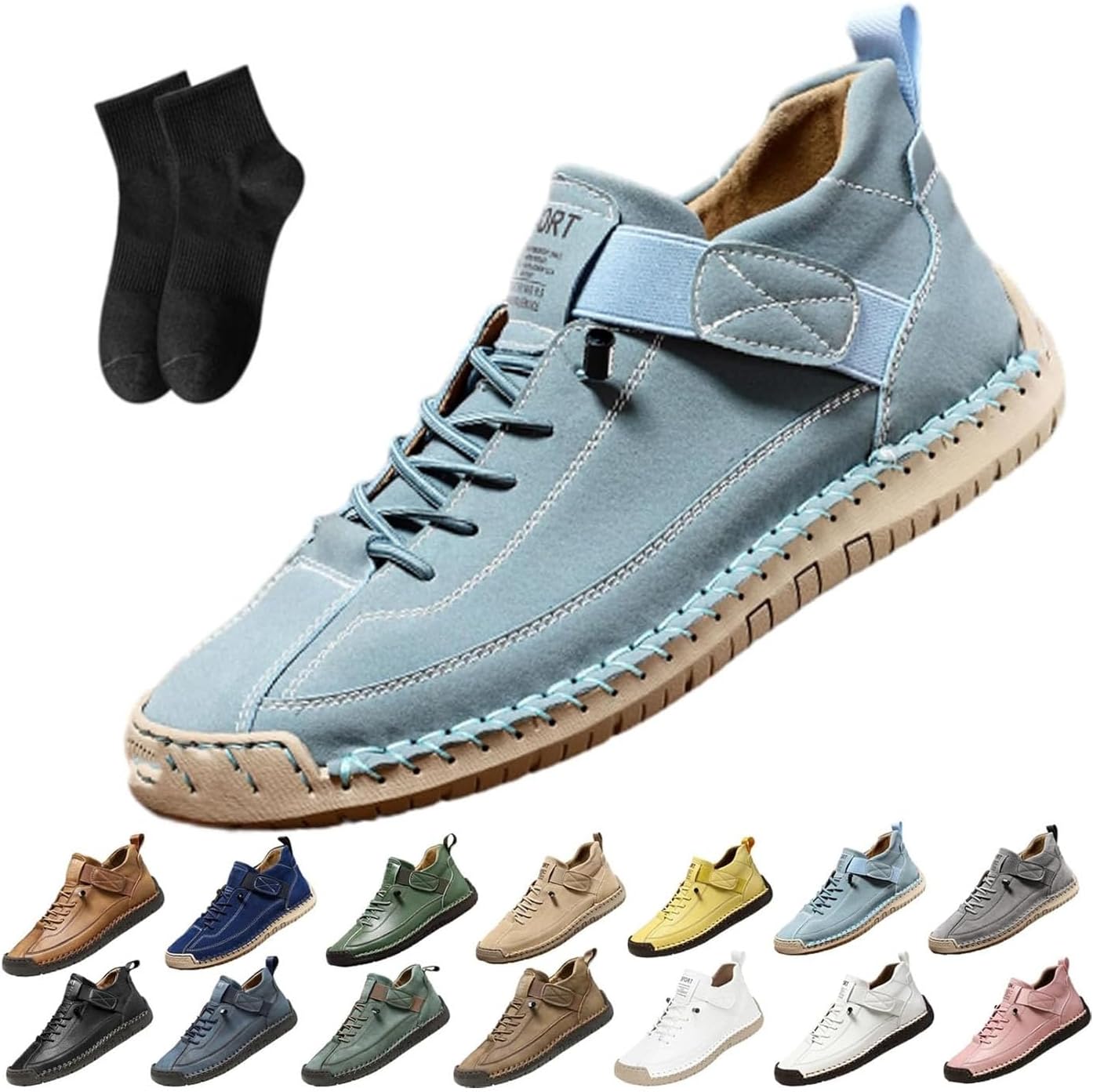 

Женские кожаные кроссовки, женская ручная работа кожаные ортопедические удобные туфли - поддержка свода стопы, регулируемые комфортные ортопедические туфли, мягкие удобные слипоны Noworfewer, светло-голубой