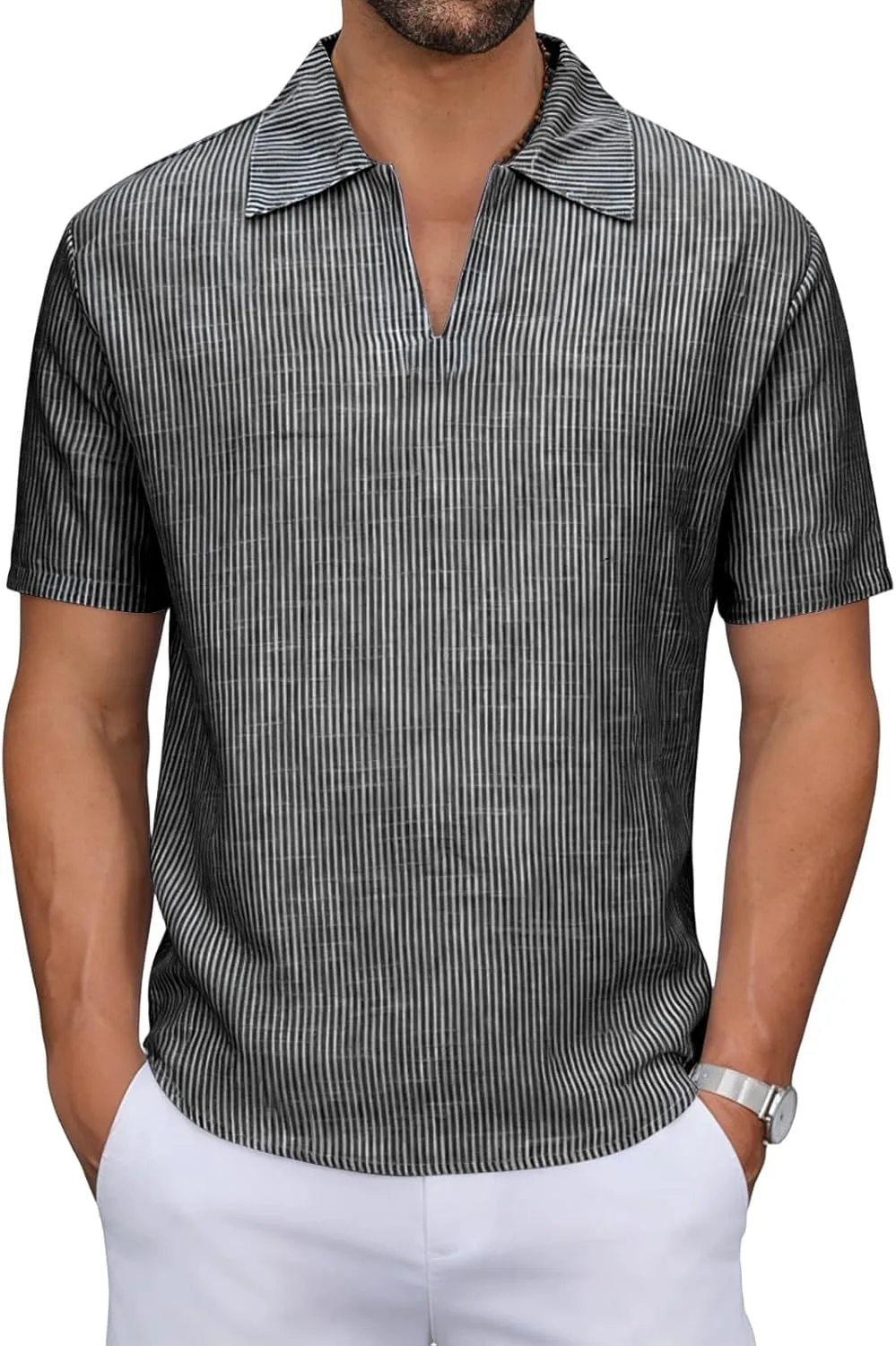 

Мужская футболка с v-образным вырезом в полоску из мягкого льна