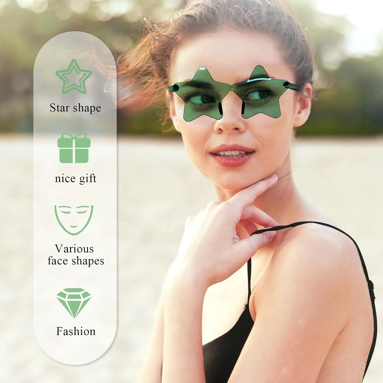 

NACHLYNN 6 шт. Солнцезащитные очки без оправы в форме звезды, зеленые прозрачные солнцезащитные очки с пентаграммой для Дня Святого Патрика и Рождества, Green