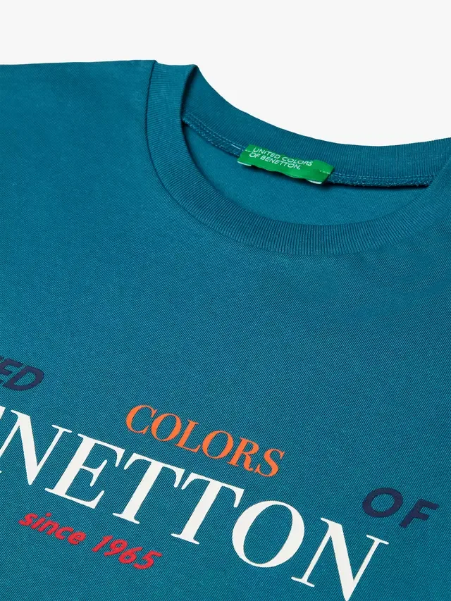Детская футболка с коротким рукавом и логотипом, синяя Benetton — фото 3