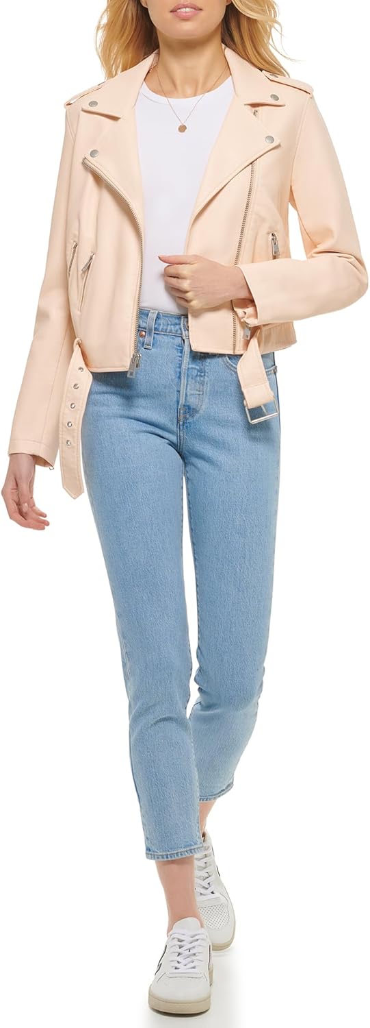 Женская байкерская куртка Levi's из искусственной кожи с поясом (стандартный и большой размер), Peach — фото 2