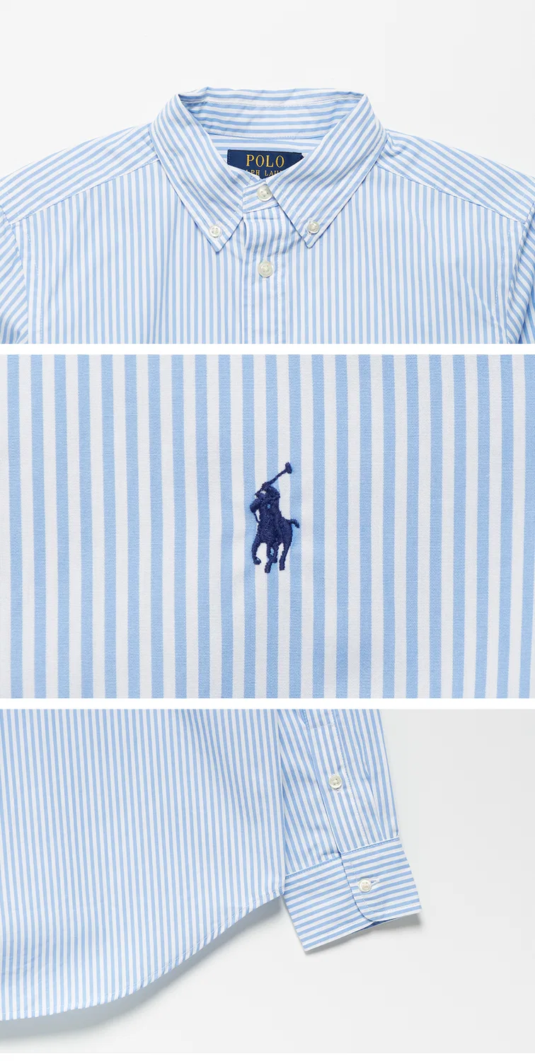 Детская рубашка в полоску из хлопкового поплина синяя от Polo Ralph Lauren Children — фото 4
