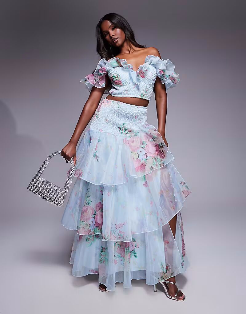 

Юбка макси из шифона с присборенным верхом и синим цветочным принтом Asos Luxe