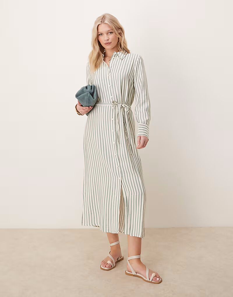 

Платье-рубашка макси с завязкой на талии в зеленую и кремовую полоску Yas