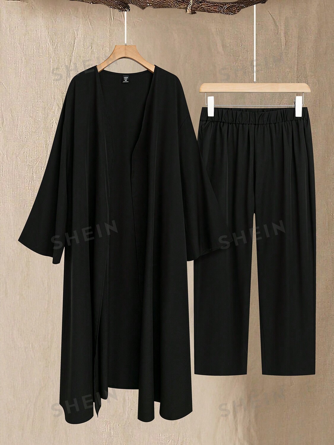 

LUNE Plus Однотонное пальто и брюки с открытой передней частью Shein, черный
