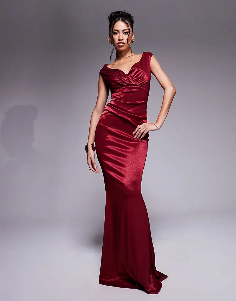 

Платье макси Goddiva Satin с открытыми плечами цвета вина