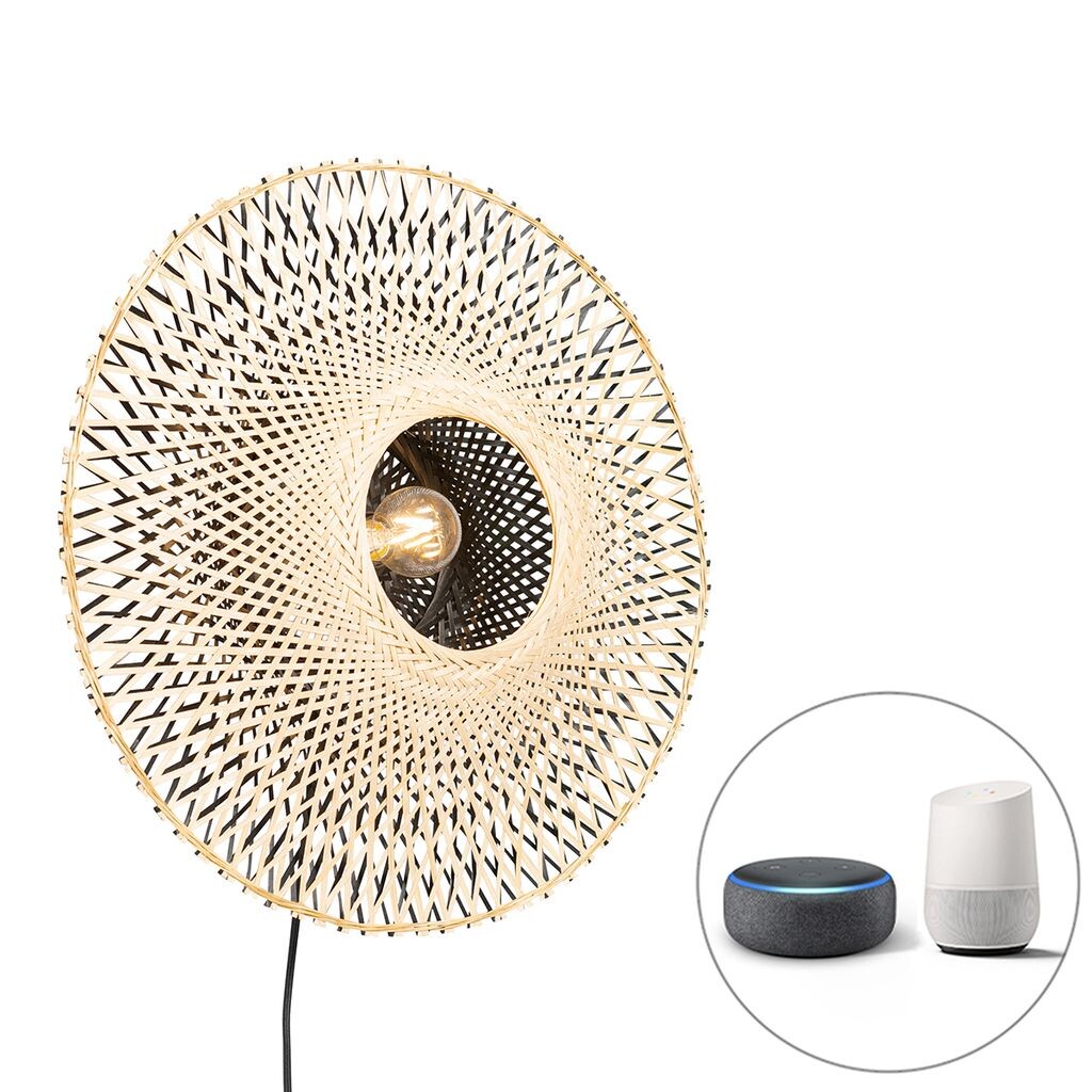 

QAZQA - Настенный светильник Oriental Smart Bamboo 50 см с вилкой, включая Wi-Fi A60 - Диммер Rina I с регулируемой яркостью I Гостиная I Спальня - Бамбук круглый - Подходит для светодиодов E27, белый