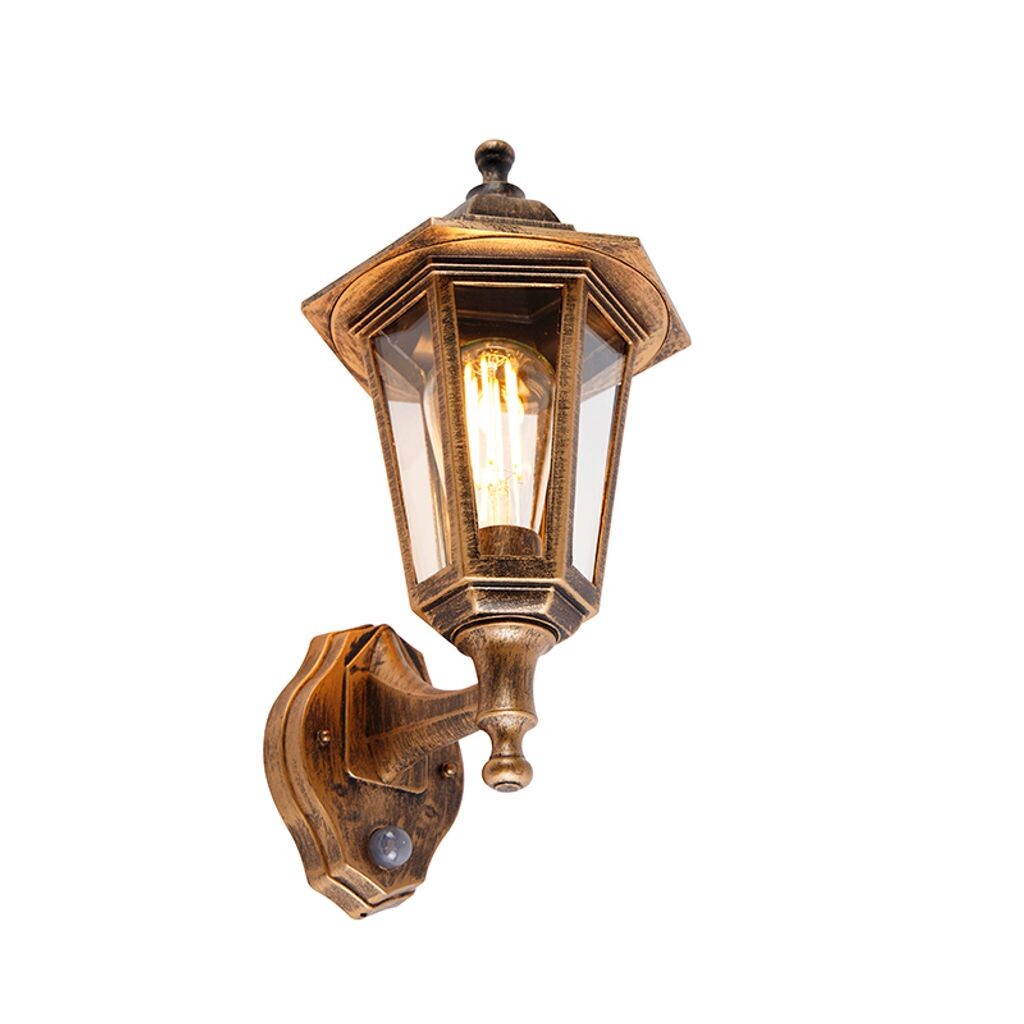 

QAZQA - Classic I Antique Classic уличный настенный светильник античное золото I Латунь с датчиком движения - New Haven I Наружное освещение - Круглый пластик - Подходит для светодиодов E27