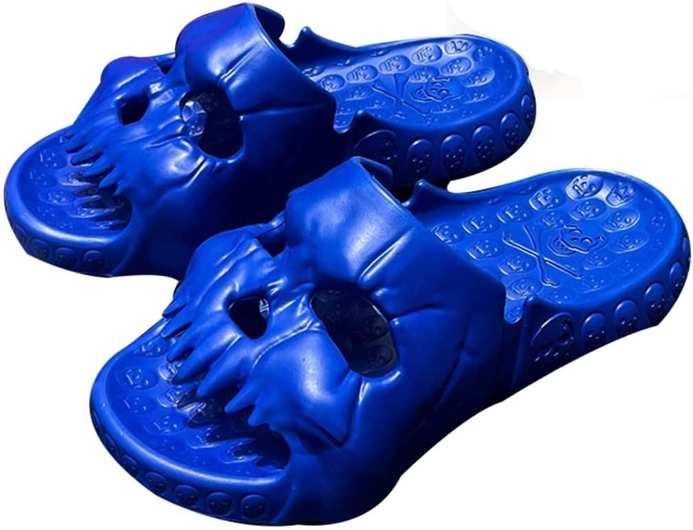 

Сланцы с дизайном черепа lunhaifi на одной полоске, 2023 года, новые с толстой EVA подошвой с дизайном черепа, уникальные пляжные шлепанцы для пар для женщин и мужчин (44-45, черные)