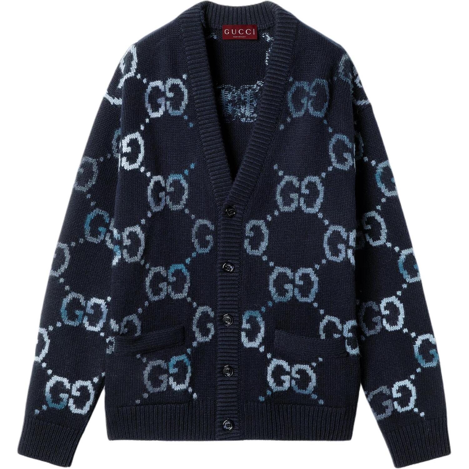 Кардиган с интарсией логотипа на пуговицах GUCCI, синий — фото 3