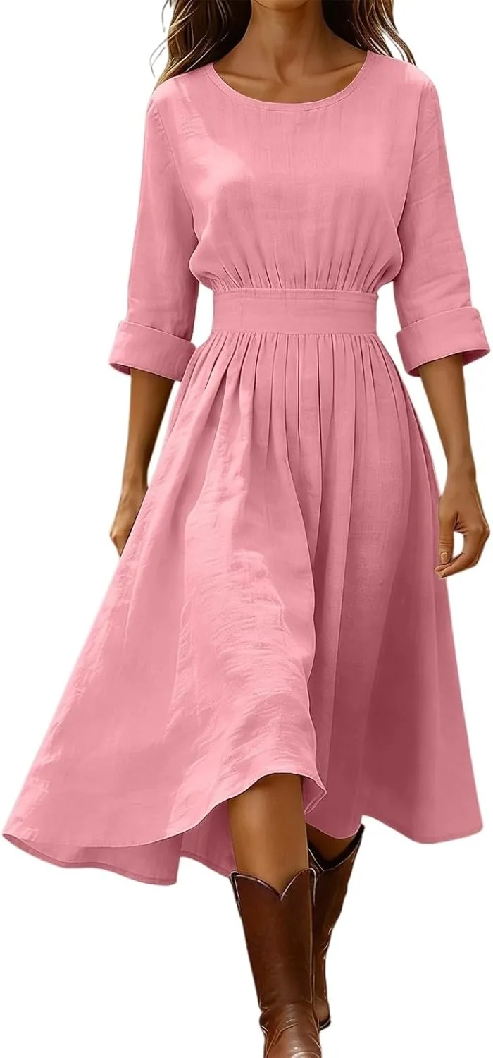Платье Western Linen для женщин 2026, пляжный отдых, круизный наряд, плиссированное платье миди A-силуэта, струящееся, бохо-шик Generic, розовый