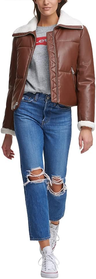 Женская стеганая куртка Levi's Breanna с меховой отделкой, Dark Brown Faux Leather — фото 3