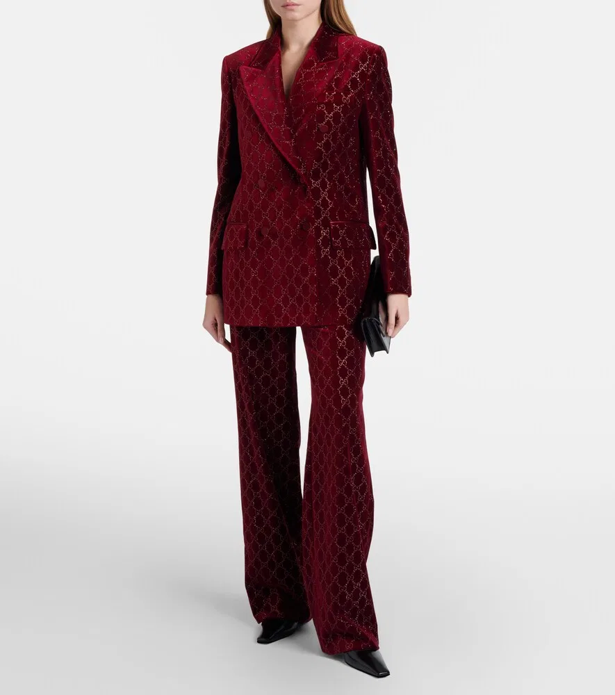 Блейзер Gucci из хлопкового бархата с вышивкой GG, двубортный крой, красный — фото 2