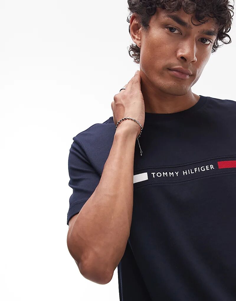Футболка с логотипом Tommy Hilfiger на груди, темно-синего цвета — фото 3