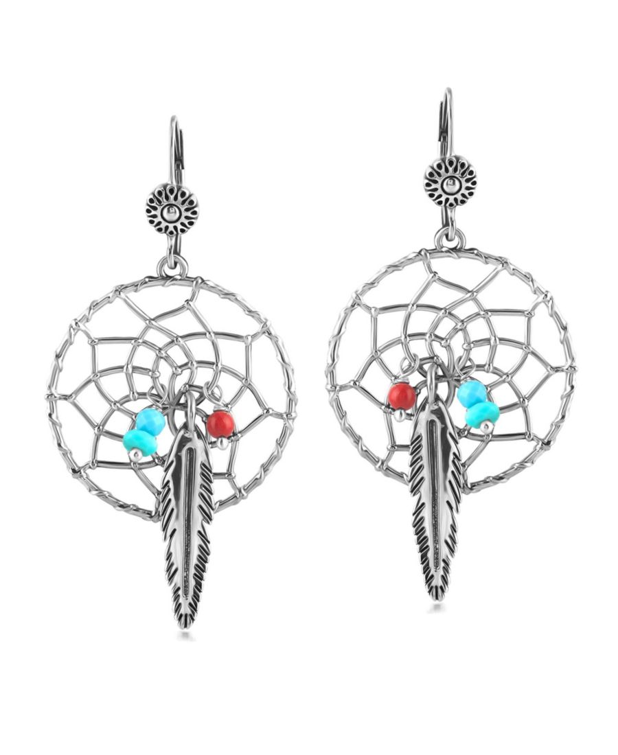 

Серьги-подвески из стерлингового серебра Kingman с бирюзой и красным кораллом в виде ловца снов и перьев American West Jewelry, No Color