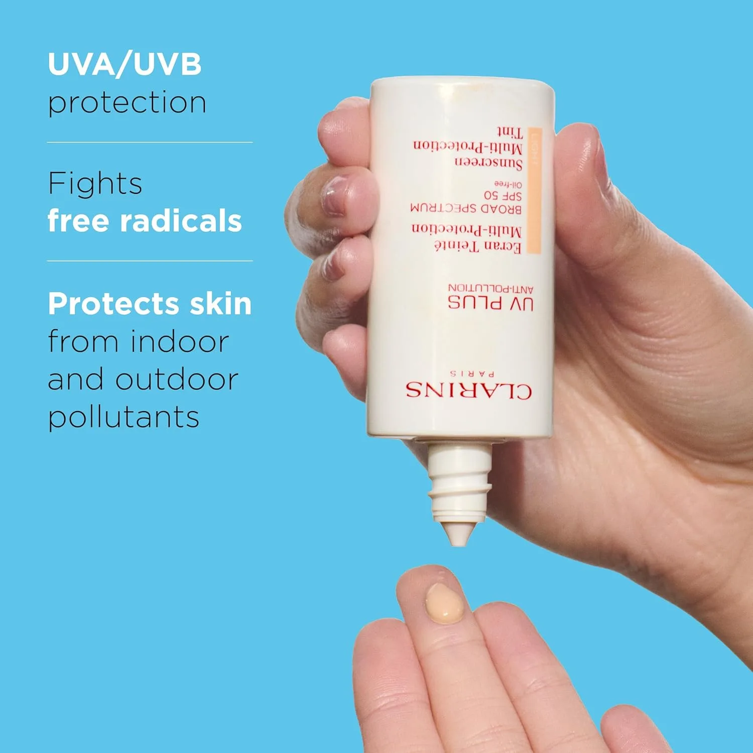 Clarins UV Plus Anti-Pollution, тонирующий солнцезащитный крем для лица широкого спектра SPF 50, легкий, без масла, тройная защита от UVA/UVB лучей, свободных радикалов и загрязнений, Light — фото 2