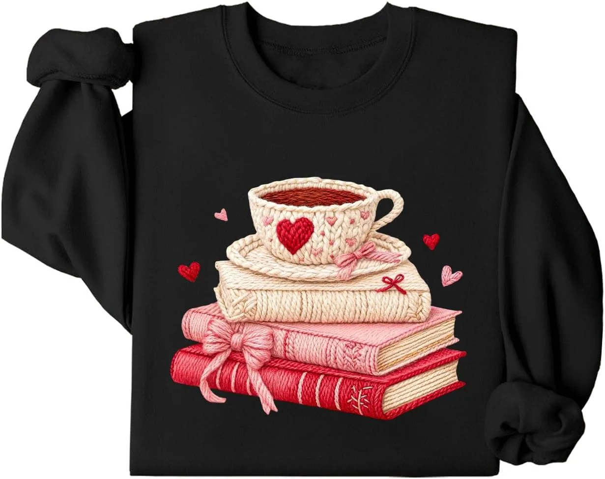 

Свитшот Faux Yarn Books And Coffee, вязаный стиль с сердцем Batclock