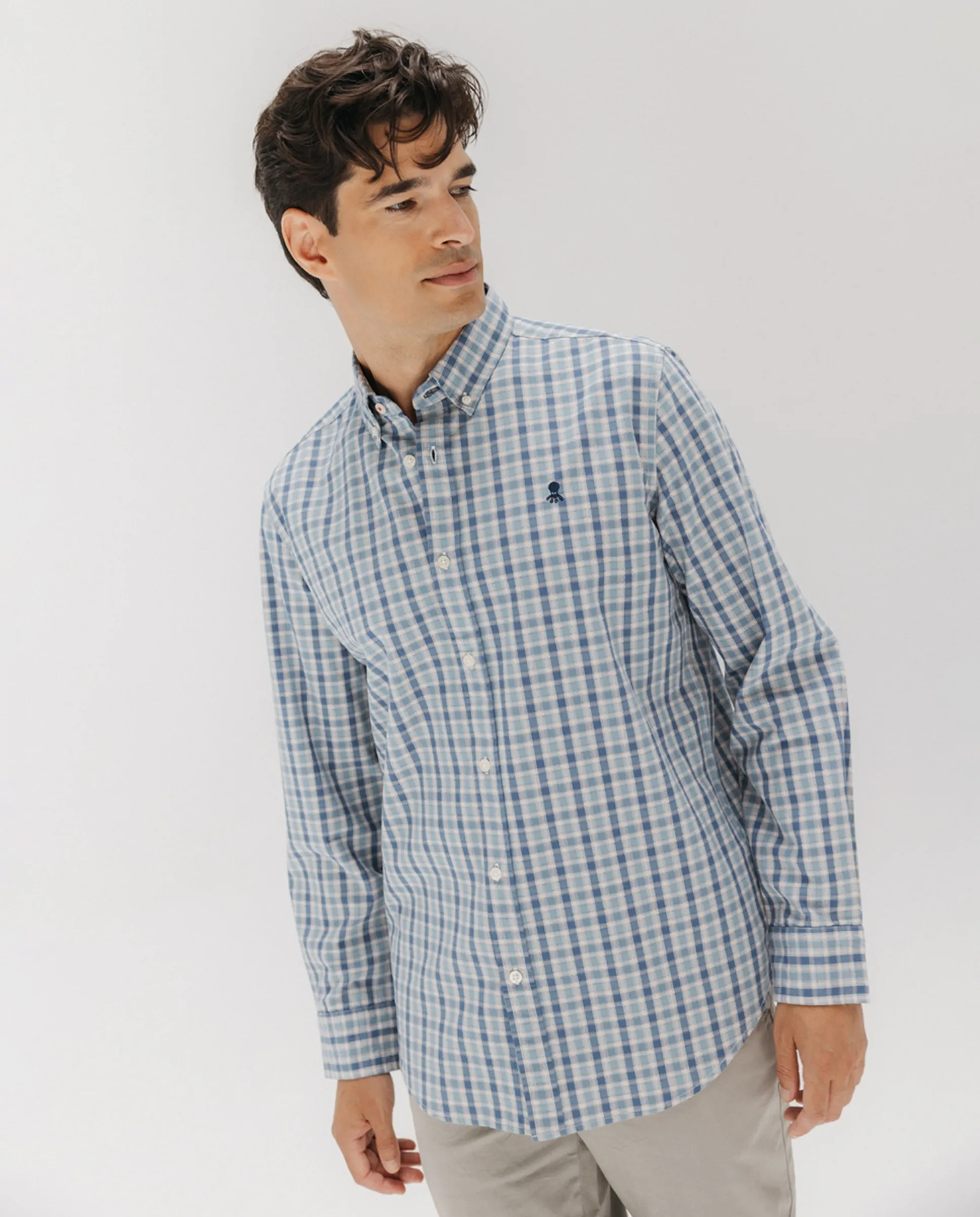 

Мужская клетчатая рубашка из поплина с воротником на пуговицах El Pulpo, синий