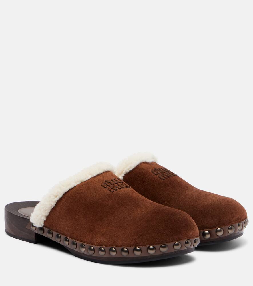 Замшевые клоги с овчиной Miu Miu, Cacao
