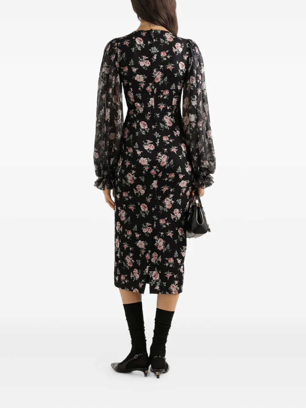 Платье миди с объемными рукавами и цветочным принтом Dolce & Gabbana, черный — фото 3