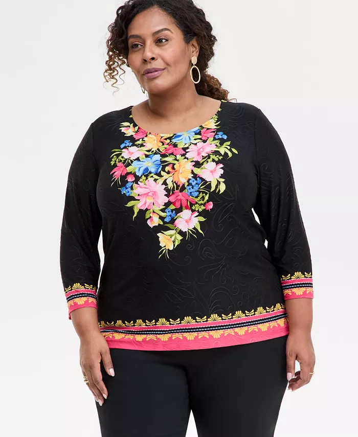 

Топ с принтом и рукавом 3/4, Plus Size JM Collection, черный