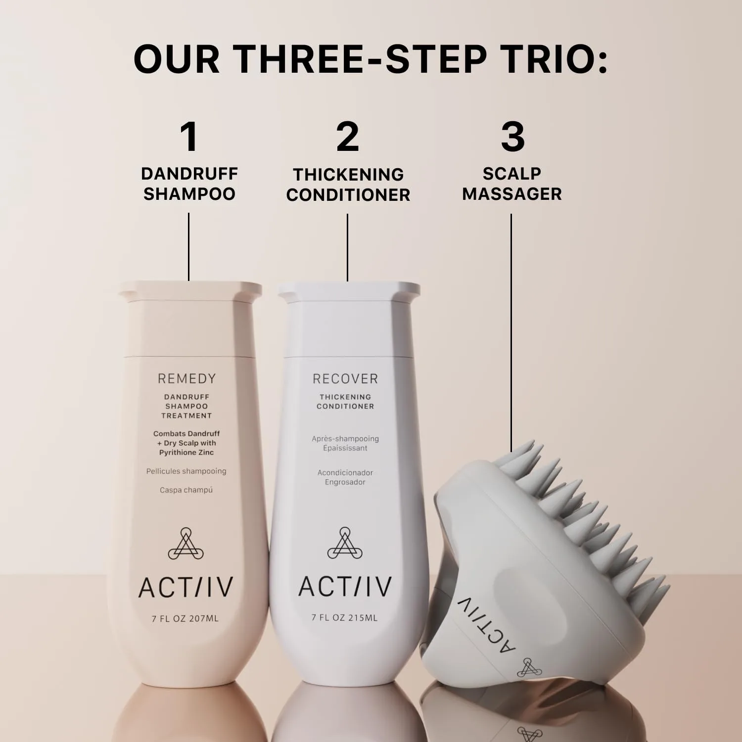 ACTIIV Ultimate Scalp Trio: успокаивает сухую зудящую кожу головы, уменьшает шелушение, укрепляет и увлажняет волосы, включает шампунь от перхоти, кондиционер и массажер для кожи головы, веган, для всех типов волос — фото 4