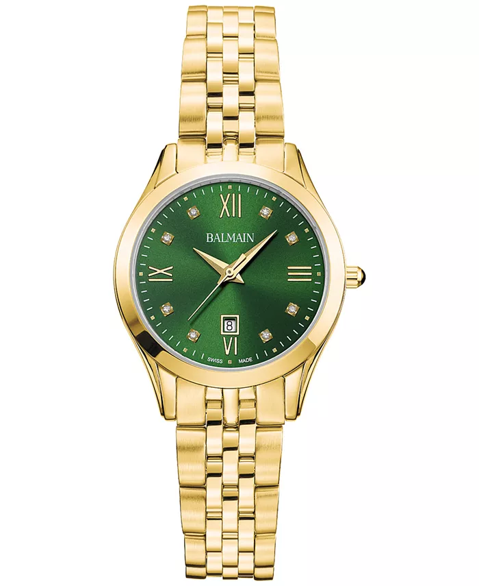 

Женские часы Swiss Classic R с бриллиантовыми вставками, корпус из нержавеющей стали с золотым PVD-покрытием, браслет, 30 мм Balmain
