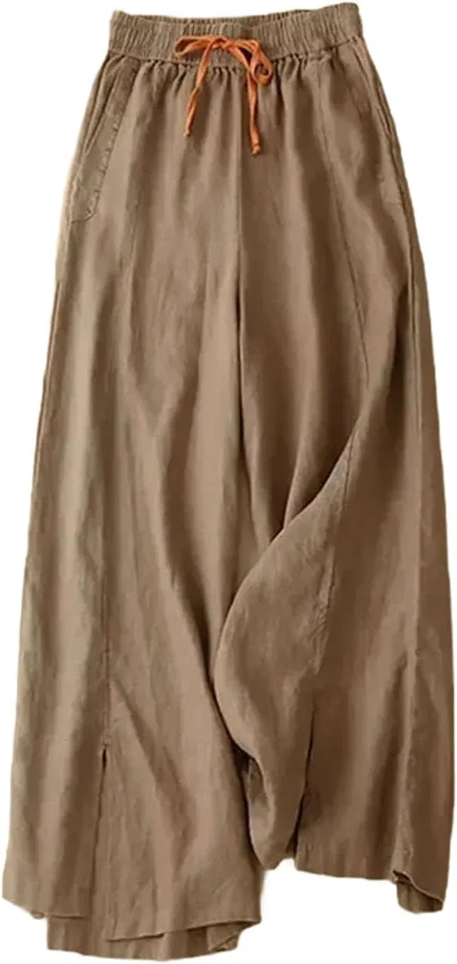 Женские серые повседневные брюки из хлопка и льна, эластичные, с высокой талией, свободного кроя, широкие, длиной до щиколотки