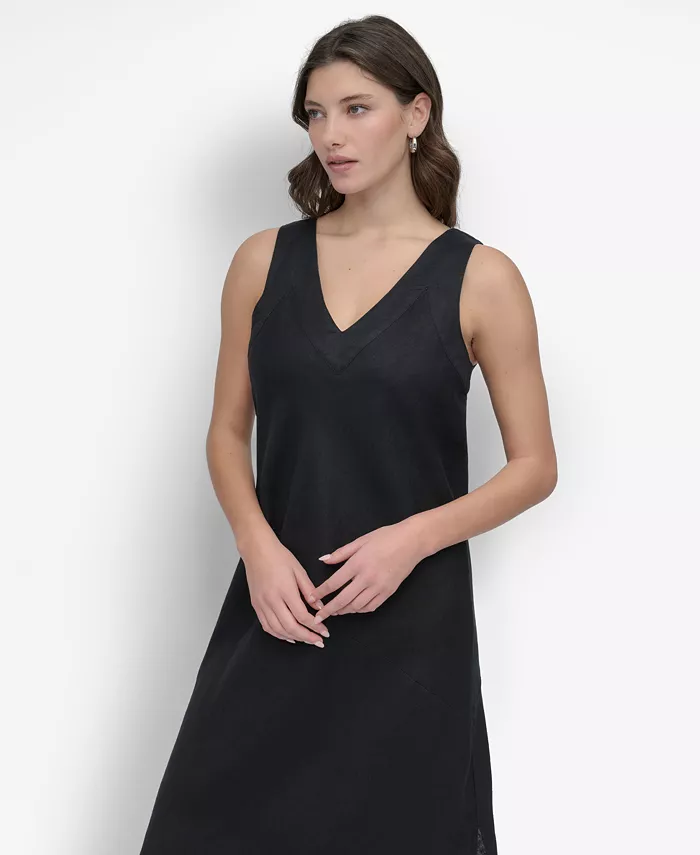 

Женское льняное платье миди с V-образным вырезом и вставками DKNY, черный