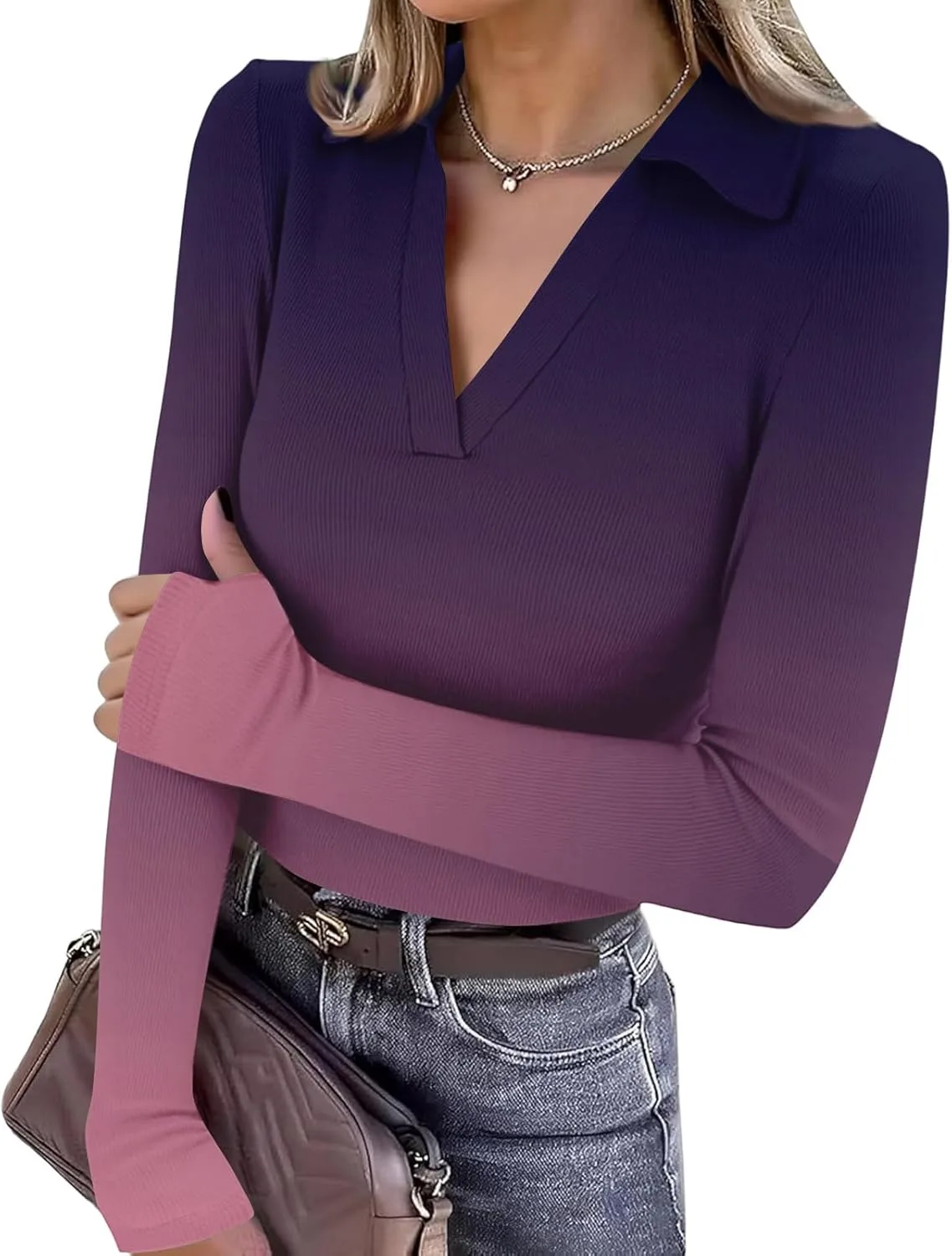 

Поли футболка для женщин Fitted Knit с длинным рукавом и V-образным вырезом