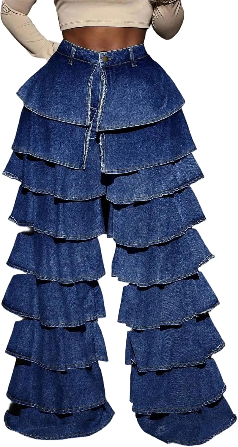 

Женские джинсы с рюшами и широкими штанинами