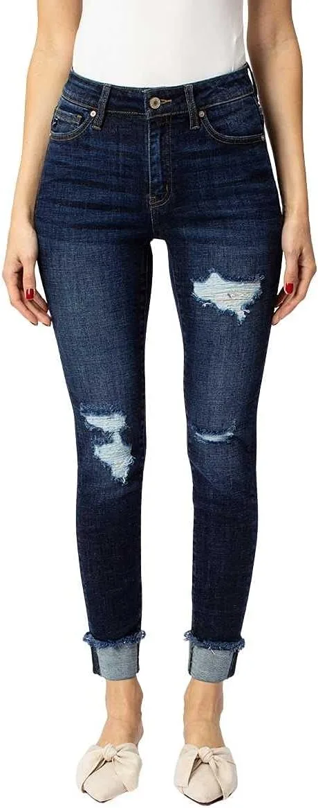 

Kancan Women's High Rise Distressed Cuffed Ankle Skinny Jeans - KC7299 Kan Can