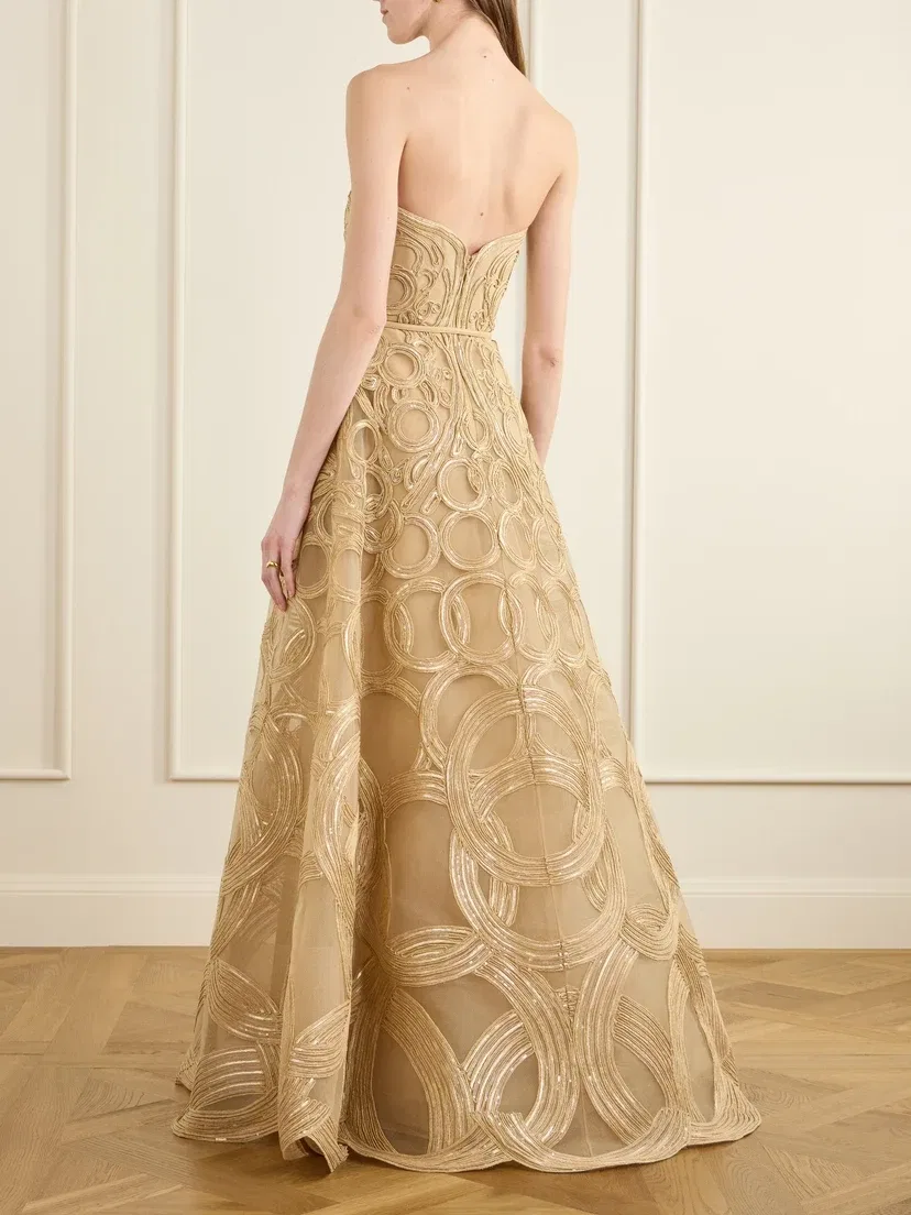 Платье-миди без бретелек из тюля с пайетками и отделкой из рафии Elie Saab, бежевый — фото 3