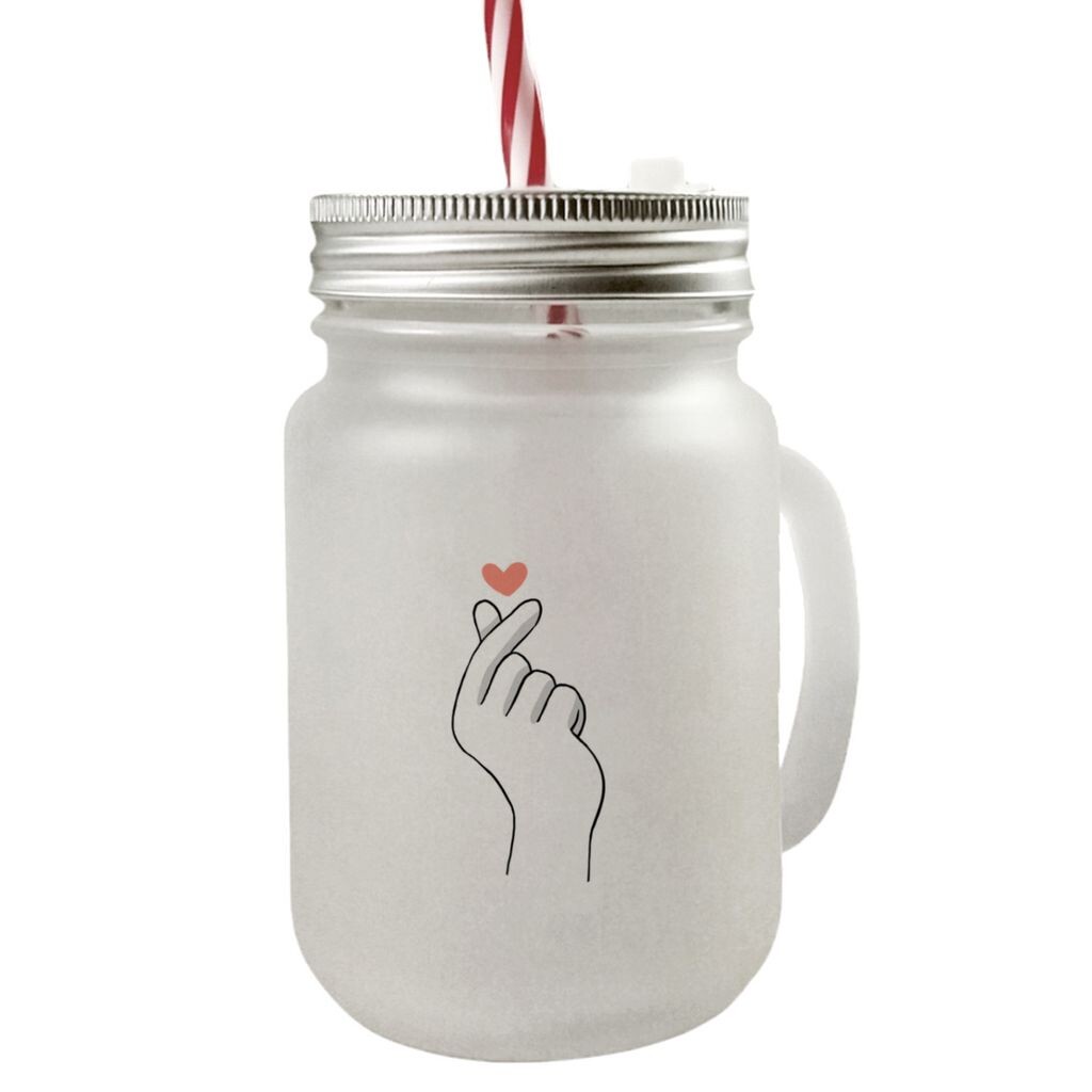 

K-Pop Mason Jar стакан для питья с ручкой и крышкой черно-белого цвета с символом сердца speecheese, серый