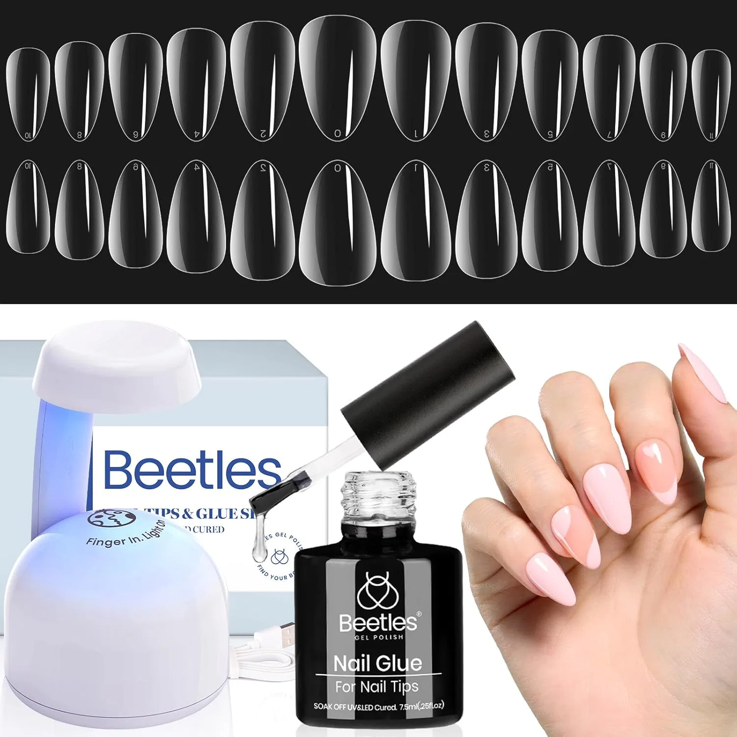 Набор для наращивания ногтей Beetles Gel Nail Tips Almond с УФ/LED лампой Beetles Gel Polish, Short Almond 500 Pieces (Clear Set)