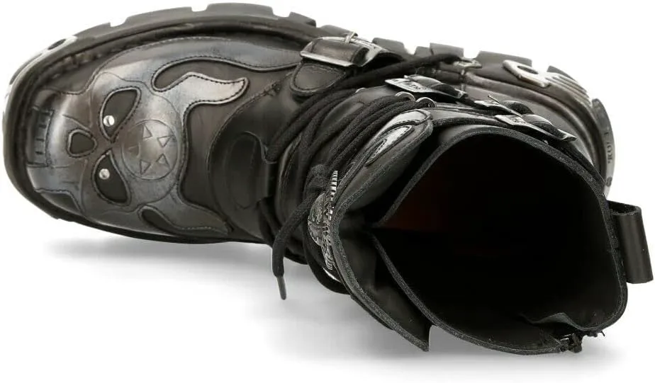 

Мужские черные металлические ботинки New Rock с черепом, дьяволом, готические, панк, из кожи теленка, размер 3, серебряный